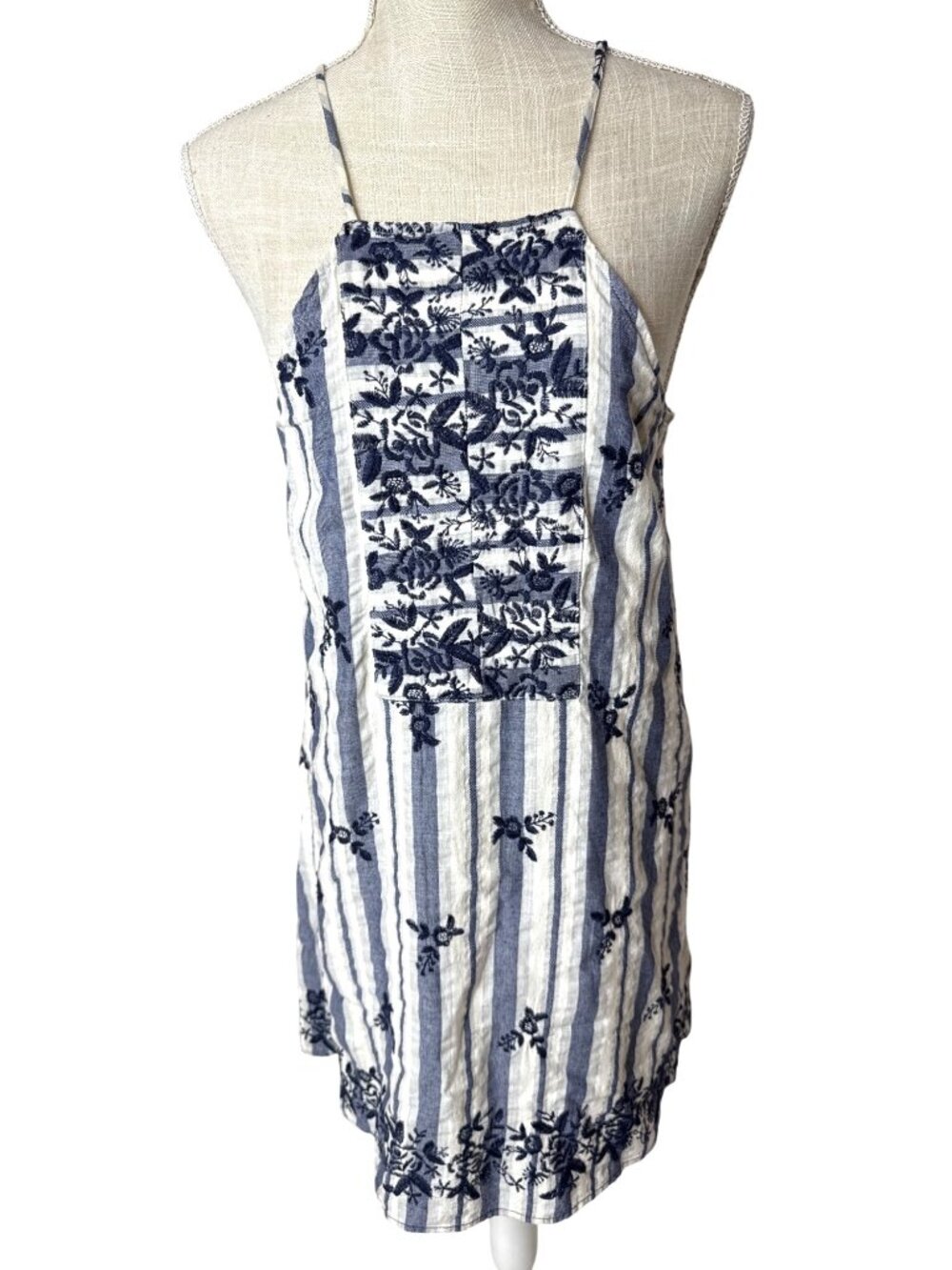 Miami Womens Blue & White Striped Embroidered Sundress Size L